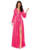Kingbridal Gowns Long Sleeve Satin Bridesmaid Dresses for Women Long A-Line V-Neck Pleated Formal Evening Party Ball Gown with Slit