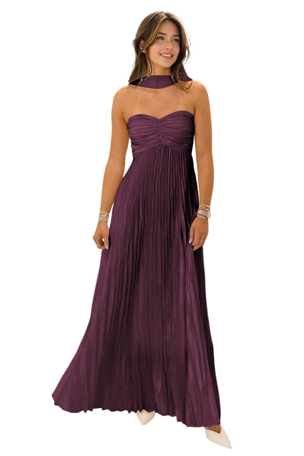 Women's Strapless Chiffon Bridesmaid Dresses with Scarf Long A-Line Pleated Formal Evening Dress