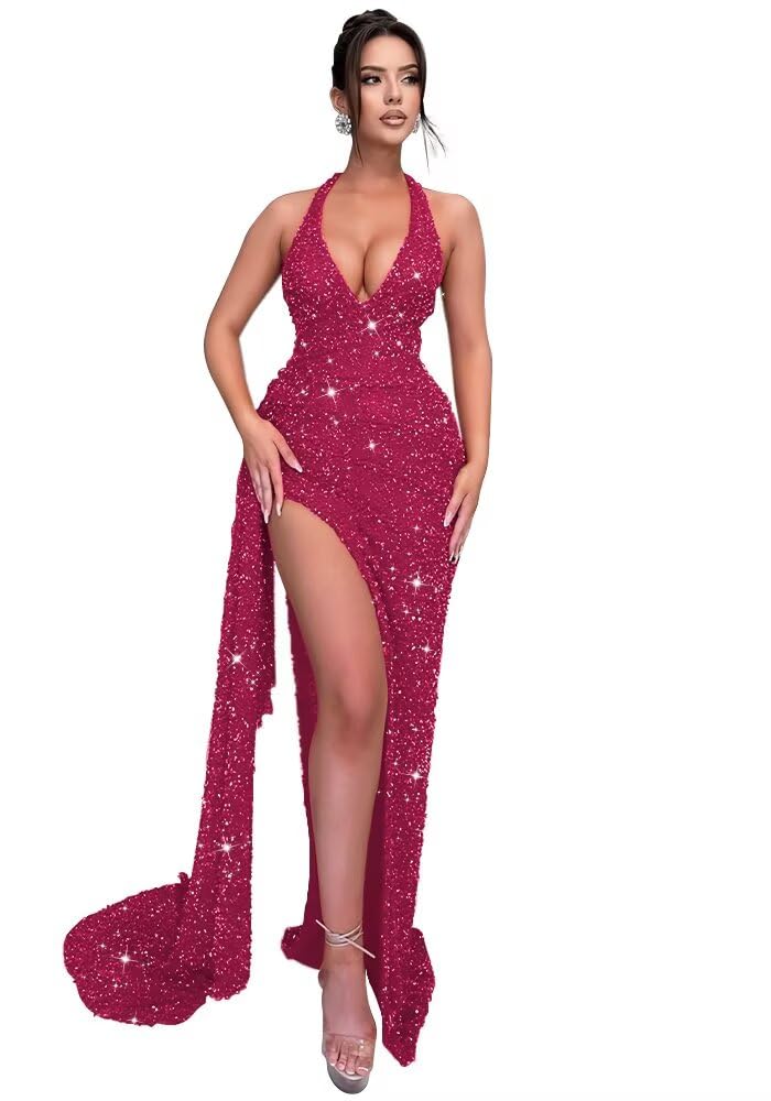 Sparkly Sequin Halter Prom Dresses for Women Mermaid Formal Dress with Slit Backless Ruched Evening Party Gowns