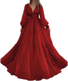 Langes Ballkleid mit Puffärmeln, Tüll, Ballkleid für Damen, Brautkleider, V-Ausschnitt, formelle Abendkleider