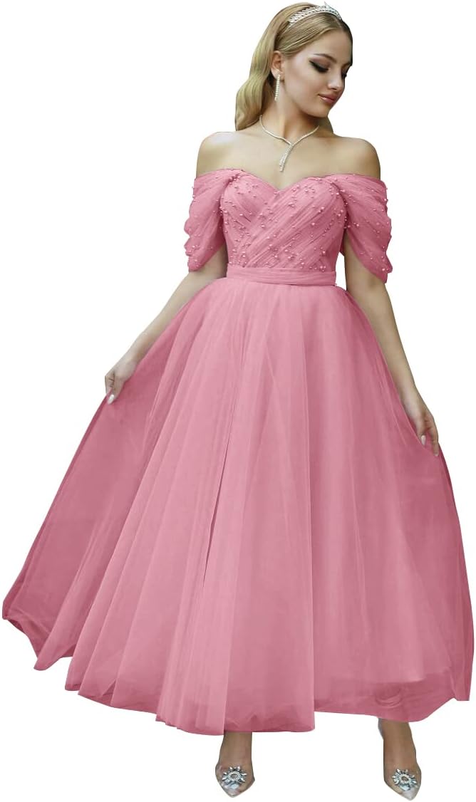 Tulle Tea Length Prom Dresses for Women Off The Shoulder Ball Gowns Teens Sweetheart Beaded Puffy Princess Dress