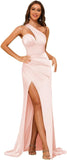 Women's One Shoulder Prom Dress 2025 Satin Long Ruched Mermaid Formal Dresses with Slit
