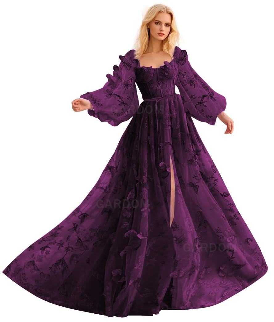 Long Sleeve 3D Butterfly Prom Dresses for Women Formal Fairy Ball Gowns Corset Tulle Evening Gowns with Slit 2026