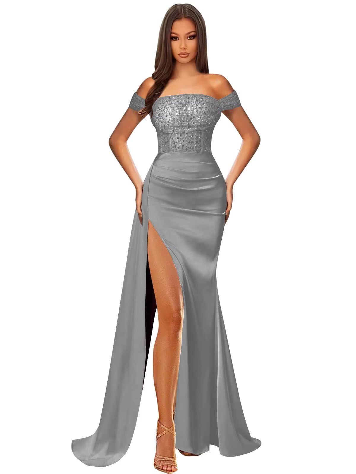 Off Shoulder Sequin Prom Dresses for Women 2027 Long Mermaid Tight Satin Formal Evening Party Dress with Slit