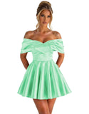 Off Shoulder Satin Homecoming Dresses for Teens 2026 Short Prom Dress A-line Pleated Cocktail Party Gowns