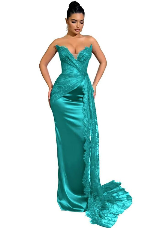 Mermaid Prom Dresses for Women 2027 Long Strapless Satin Lace Formal Dress Pleated Evening Party Gowns