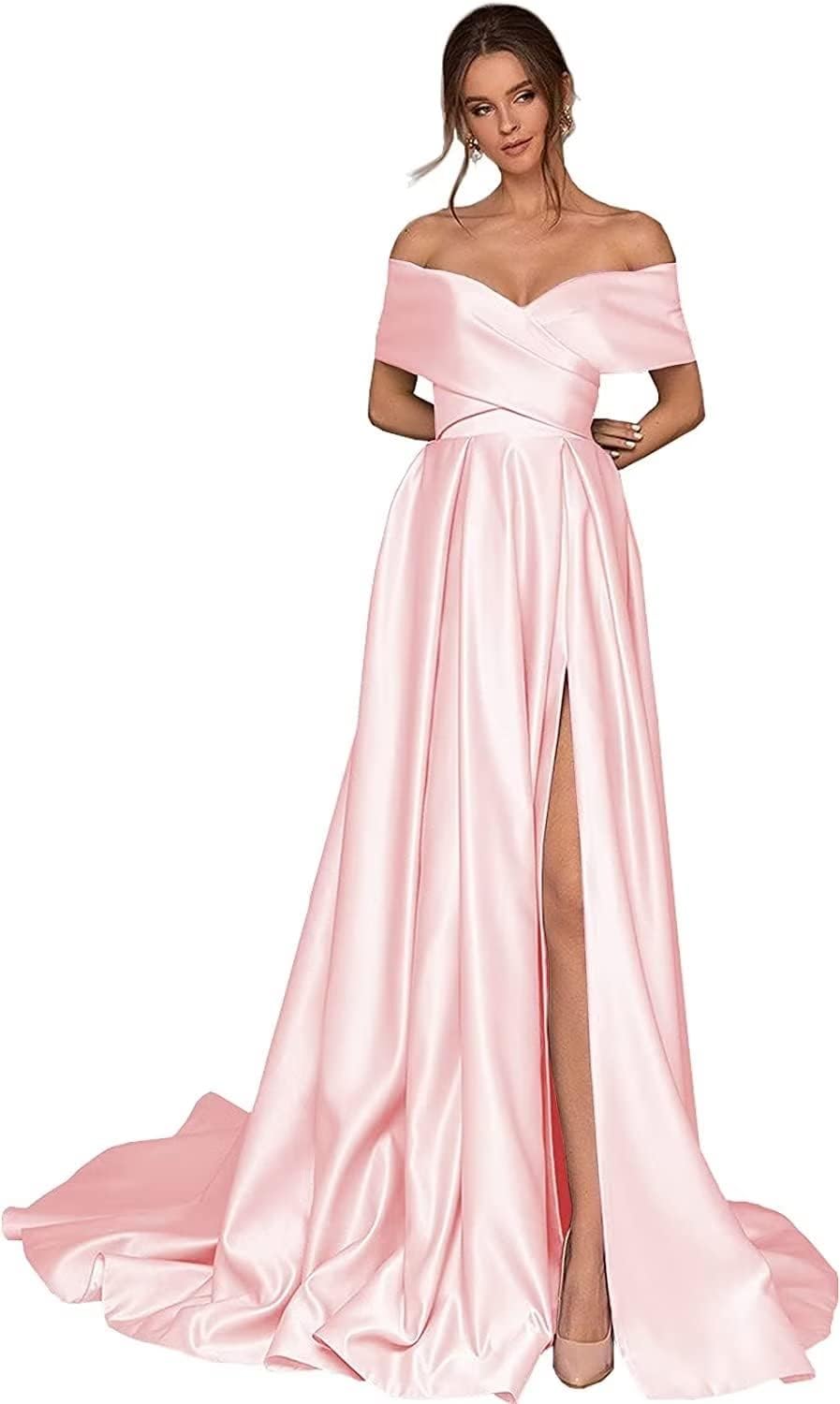 Women's Off Shoulder Long Prom Dresses with Slit 2025 Satin A-Line Sweetheart Corset Formal Evening Dresses with Pockets