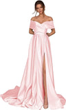 Women's Off Shoulder Long Prom Dresses with Slit 2025 Satin A-Line Sweetheart Corset Formal Evening Dresses with Pockets