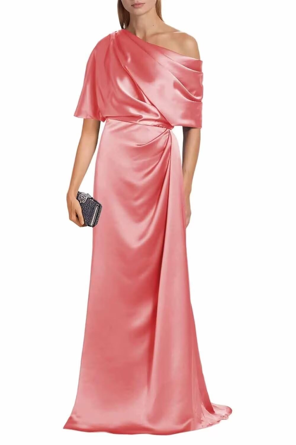 Satin Mother of The Bride Dresses for Wedding One Shoulder Formal Dress with Sleeves Mermaid Evening Party Gowns
