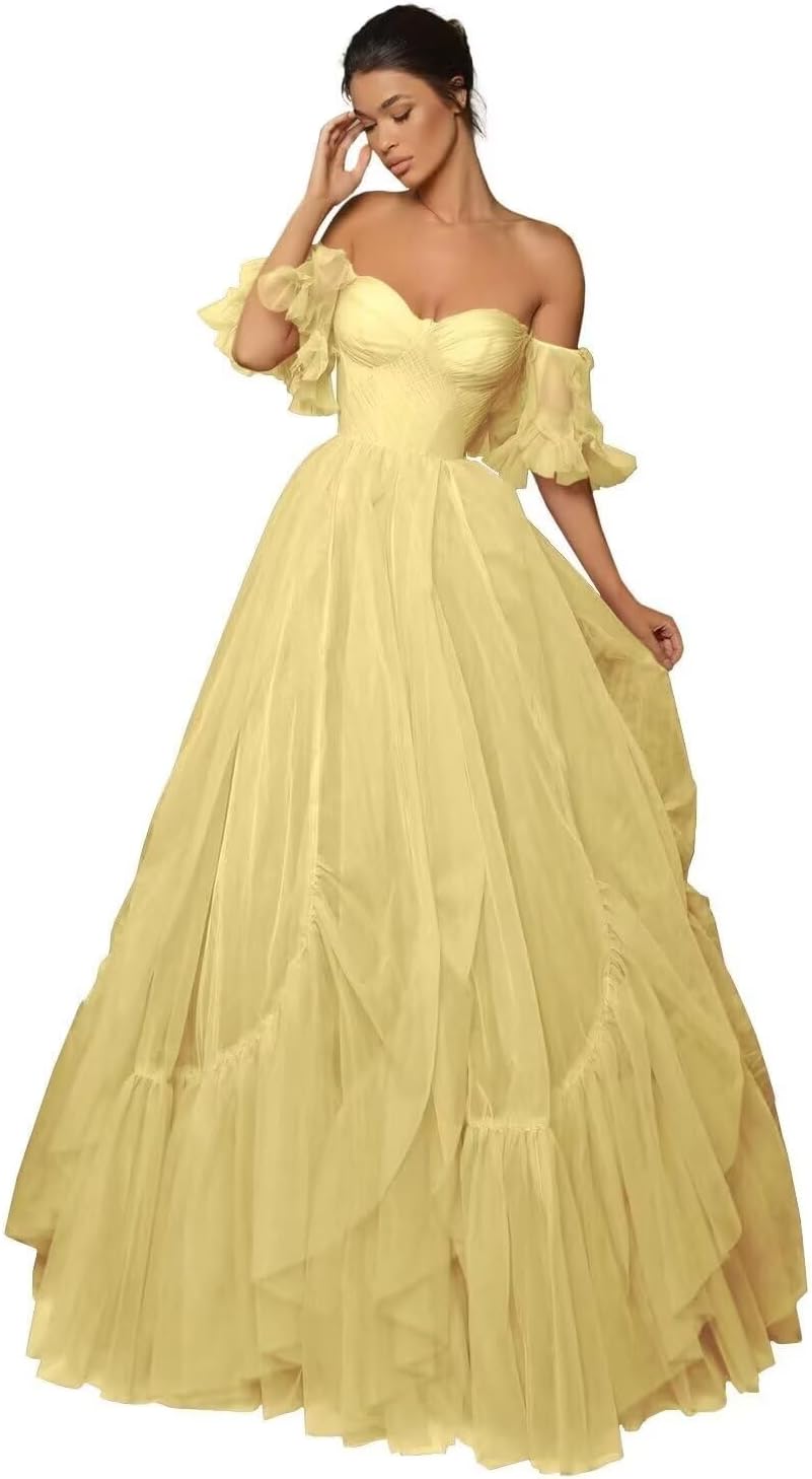 A-line Ruffled Short Sleeve Tulle Prom Dress for Women, Sweetheart Formal Gown Off The Shoulder Long Party Dress