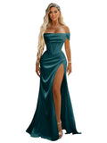 Off Shoulder Mermaid Prom Dresses with Slit 2027 Long Satin Pleated Formal Dress for Women Evening Party