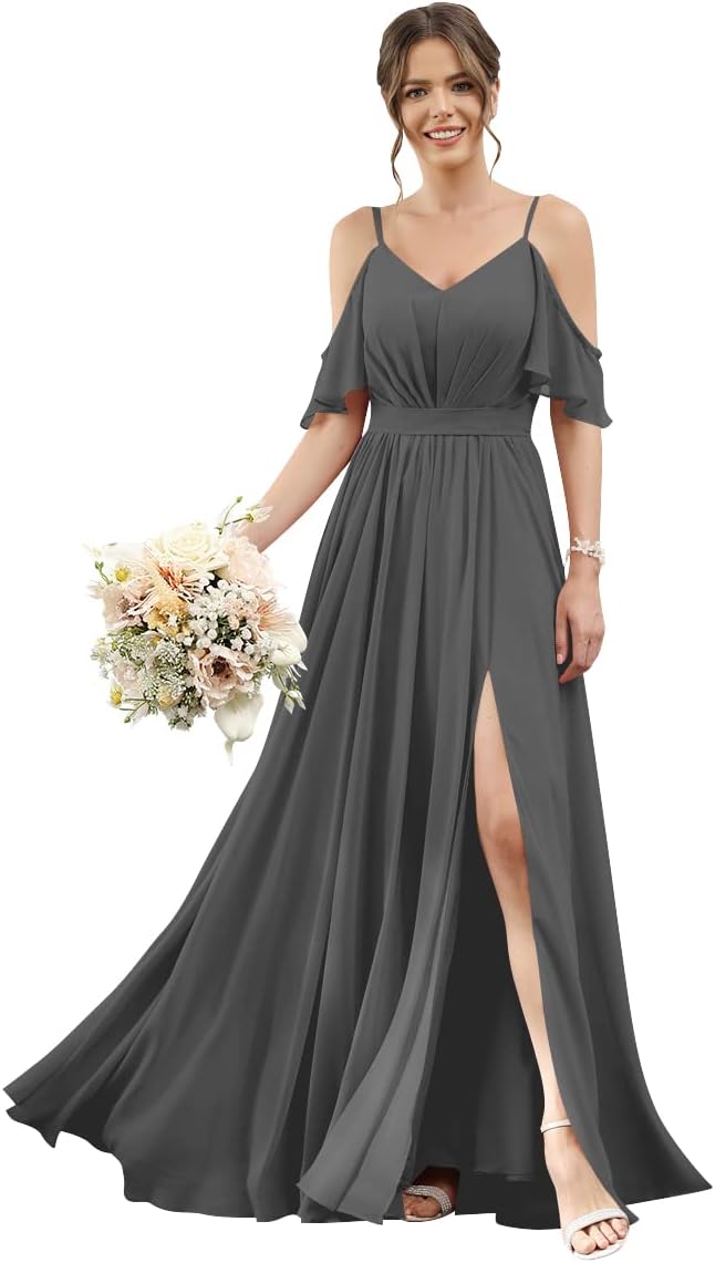 Women's Cold Shoulder Ruffle Sleeves Bridesmaid Dresses for Women 2025 Pleated Chiffon Formal Dresses with Slit
