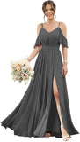 Women's Cold Shoulder Ruffle Sleeves Bridesmaid Dresses for Women 2025 Pleated Chiffon Formal Dresses with Slit