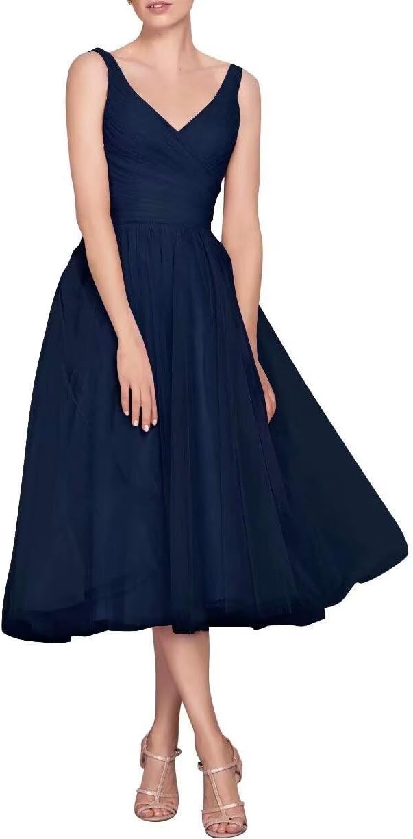 Tea Length A-Line V Neck Formal Evening Party Gowns for Women Sleeveless Puffy Midi Tulle Cocktail Prom Dress