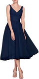Tea Length A-Line V Neck Formal Evening Party Gowns for Women Sleeveless Puffy Midi Tulle Cocktail Prom Dress