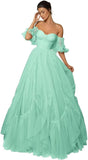 A-line Ruffled Short Sleeve Tulle Prom Dress for Women, Sweetheart Formal Gown Off The Shoulder Long Party Dress