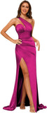 Women's One Shoulder Prom Dress 2025 Satin Long Ruched Mermaid Formal Dresses with Slit