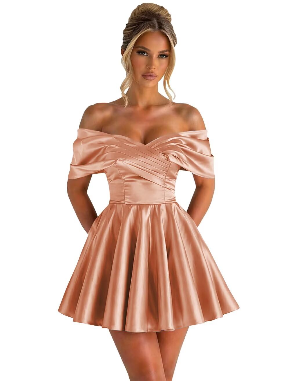 Off Shoulder Satin Homecoming Dresses for Teens 2026 Short Prom Dress A-line Pleated Cocktail Party Gowns
