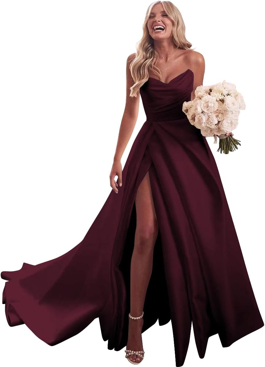 Strapless Satin Prom Wedding Dresses with Slit Long Pleats Formal Ball Bridal Gowns with Pockets