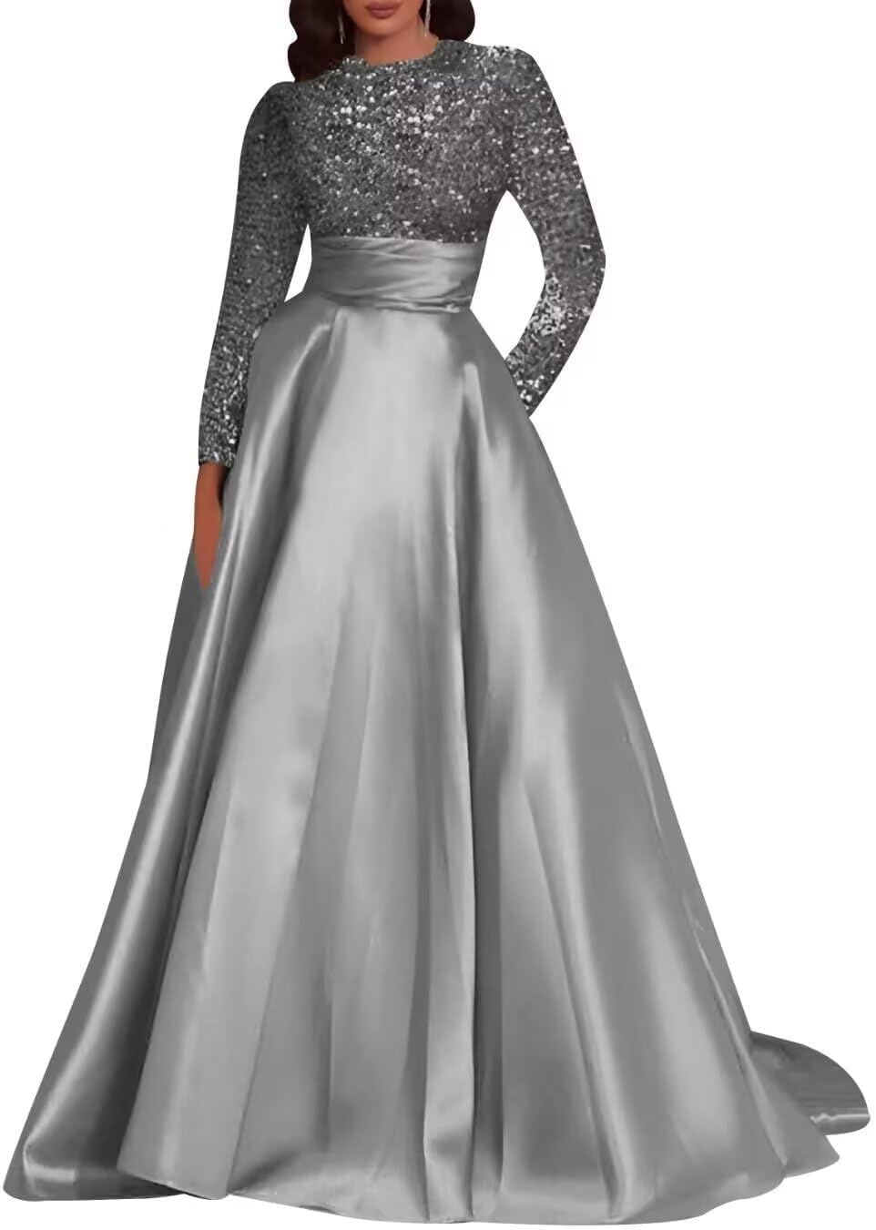 Kingbridal Gowns Long Sleeve Sequin Prom Dresses for Women Satin A-line Formal Dress 2026 Sparkly Evening Party Gowns with Pockets