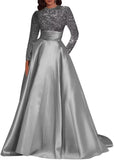 Kingbridal Gowns Long Sleeve Sequin Prom Dresses for Women Satin A-line Formal Dress 2026 Sparkly Evening Party Gowns with Pockets