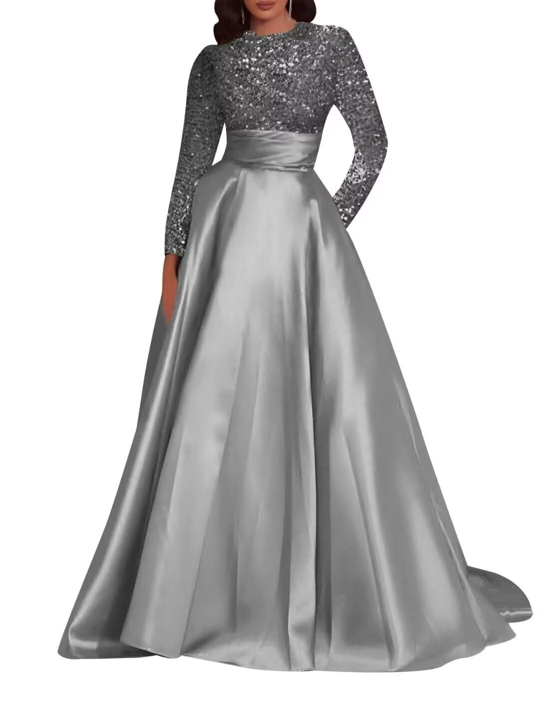 Kingbridal Gowns Long Sleeve Sequin Prom Dresses for Women Satin A-line Formal Dress 2026 Sparkly Evening Party Gowns with Pockets