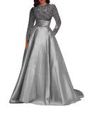 Kingbridal Gowns Long Sleeve Sequin Prom Dresses for Women Satin A-line Formal Dress 2026 Sparkly Evening Party Gowns with Pockets