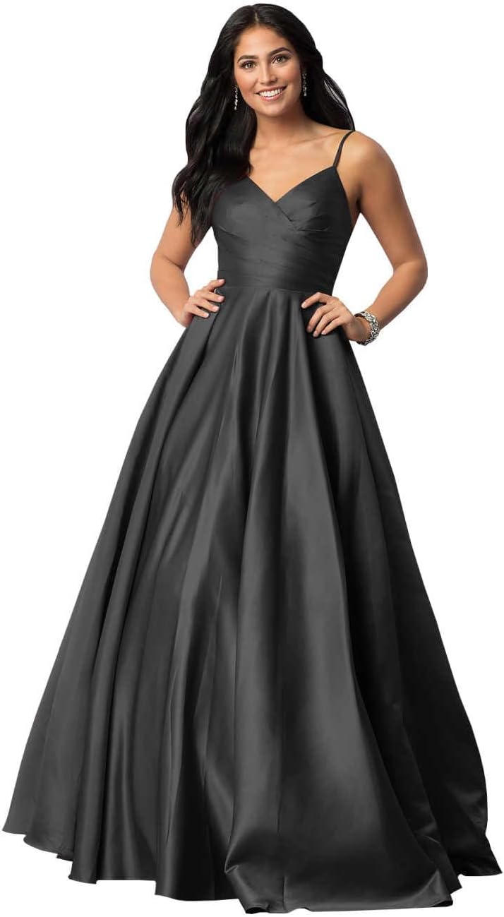 Spaghetti Straps Satin Prom Dresses for Women Long with Pockets Pleated Formal Evening Gowns Ball Gown
