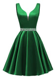 Satin Glitter Homecoming Dresses for Teens Short Prom Dress V-Neck Beaded Evening Formal Cocktail Party Gowns