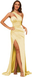Women's One Shoulder Prom Dress 2025 Satin Long Ruched Mermaid Formal Dresses with Slit