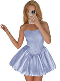 Strapless Satin Homecoming Dresses for Teens Jacquard Short Prom Dress A-line Cocktail Party Gowns with Pockets