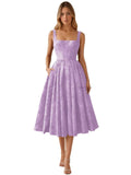 Floral Jacquard Satin Prom Dresses for Women Tea Length Formal Evening Party Dress with Pockets