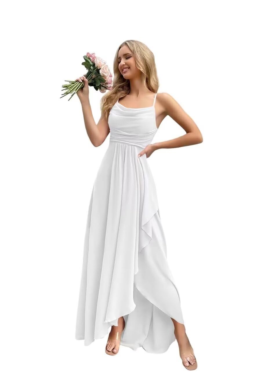Spaghetti Strap Chiffon Bridesmaid Dresses for Women Long Ruched A-Line Cowl Neck Formal Evening Gowns with Slit
