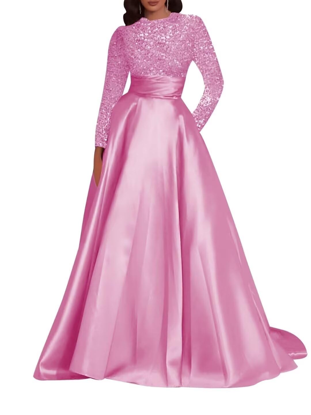 Kingbridal Gowns Long Sleeve Sequin Prom Dresses for Women Satin A-line Formal Dress 2026 Sparkly Evening Party Gowns with Pockets