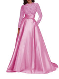 Kingbridal Gowns Long Sleeve Sequin Prom Dresses for Women Satin A-line Formal Dress 2026 Sparkly Evening Party Gowns with Pockets