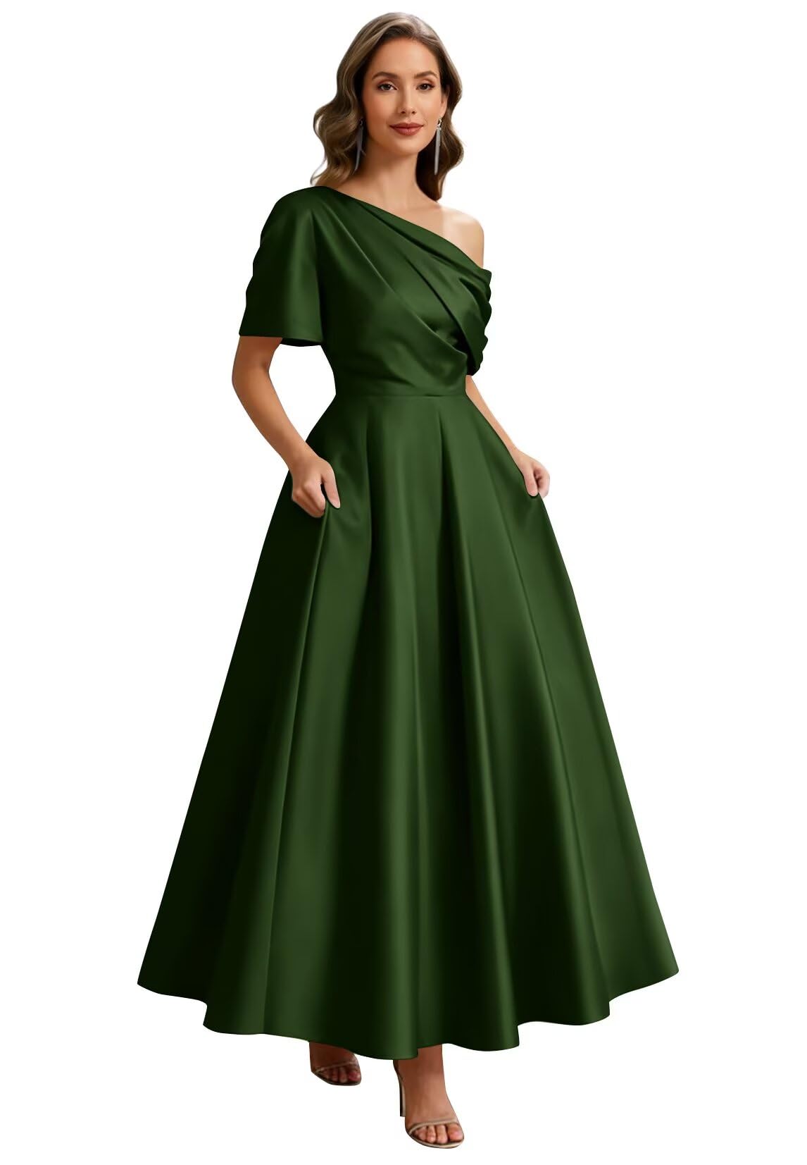 Kingbridal Satin Mother of The Bride Dresses for Women Tea Length Formal Dress One Shoulder Evening Party Gowns with Pockets