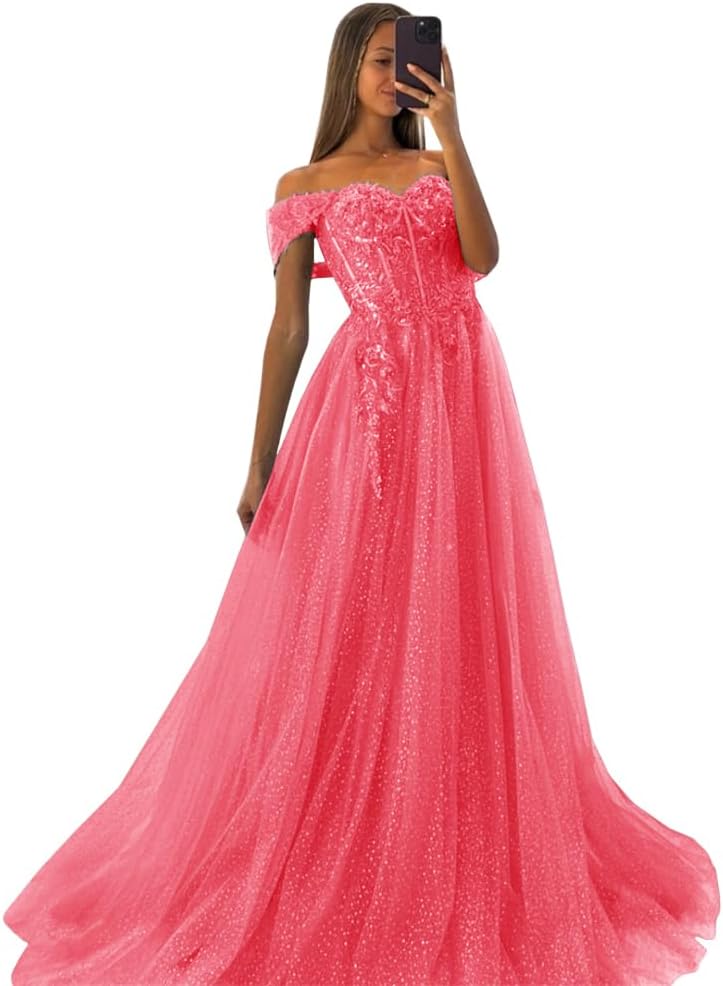 Off The Shoulder Tulle Prom Dresses 2027 Lace Applique A Line Long Sparkly Formal Evening Party Gowns