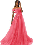 Off The Shoulder Tulle Prom Dresses 2027 Lace Applique A Line Long Sparkly Formal Evening Party Gowns