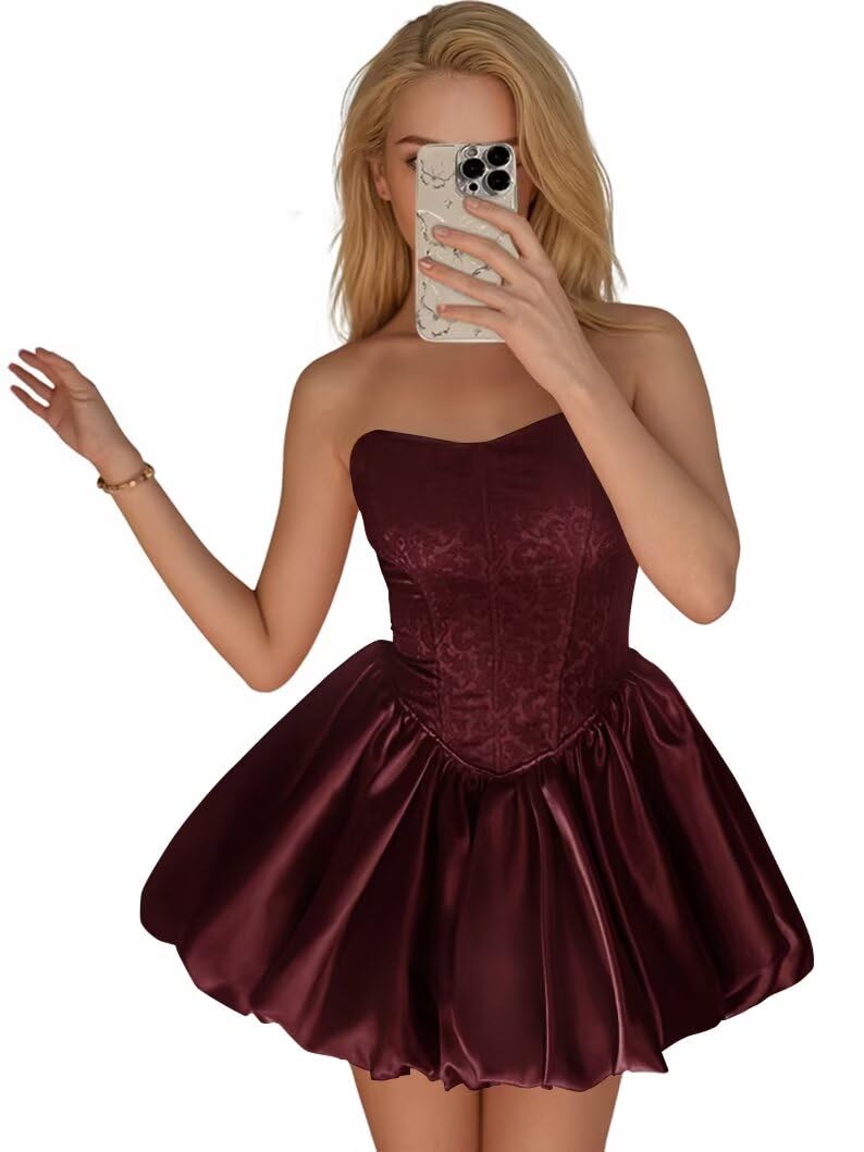Strapless Satin Homecoming Dresses for Teens Jacquard Short Prom Dress A-line Cocktail Party Gowns with Pockets