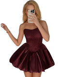 Strapless Satin Homecoming Dresses for Teens Jacquard Short Prom Dress A-line Cocktail Party Gowns with Pockets