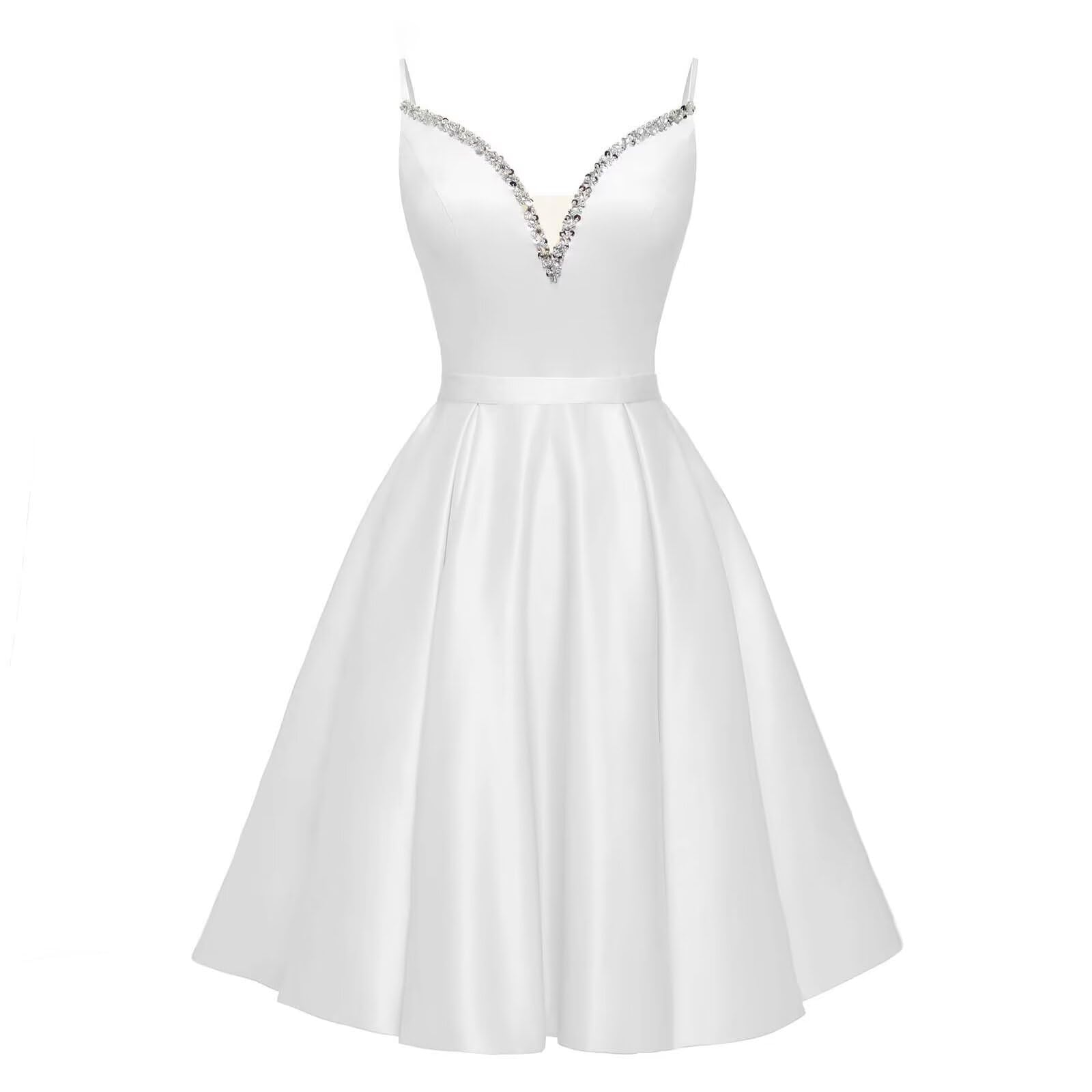 Spaghetti Straps Satin Homecoming Dresses for Teens V-Neck Short Prom Dress A-Line Beaded Cocktail Party Gowns