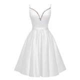 Spaghetti Straps Satin Homecoming Dresses for Teens V-Neck Short Prom Dress A-Line Beaded Cocktail Party Gowns
