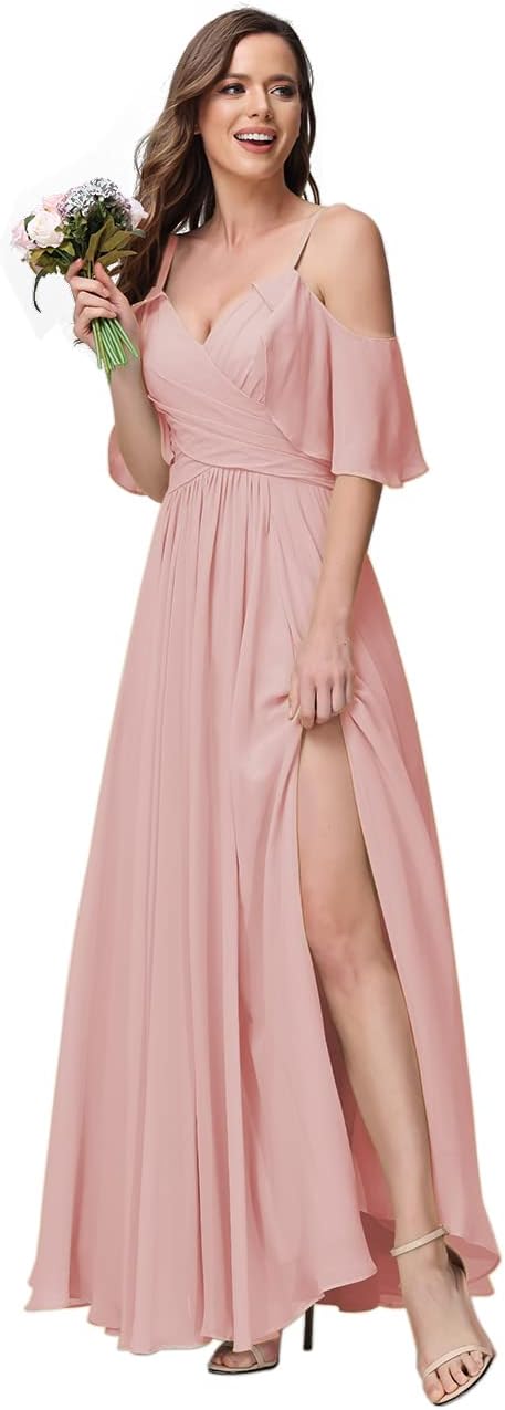 Women's Long Spaghetti Straps Bridesmaid Dress with Slit Off Shoulder Chiffon Formal Party Gowns