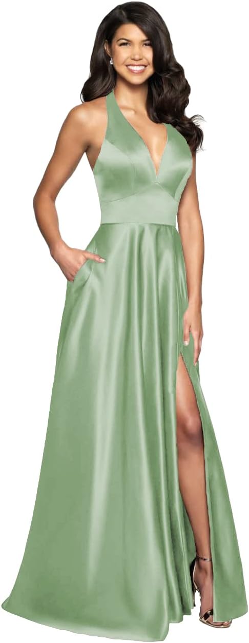 Womens Satin Prom Dresses Long with Slit Halter Evening Formal Gowns for Women with Pockets