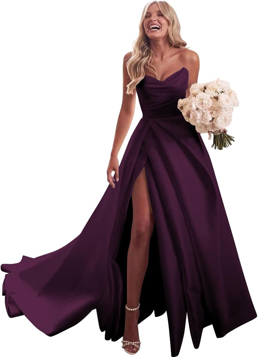 Strapless Satin Prom Wedding Dresses with Slit Long Pleats Formal Ball Bridal Gowns with Pockets