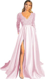 Vestido de fiesta de satén con lentejuelas brillantes para mujer, con bolsillos, manga larga y abertura. 