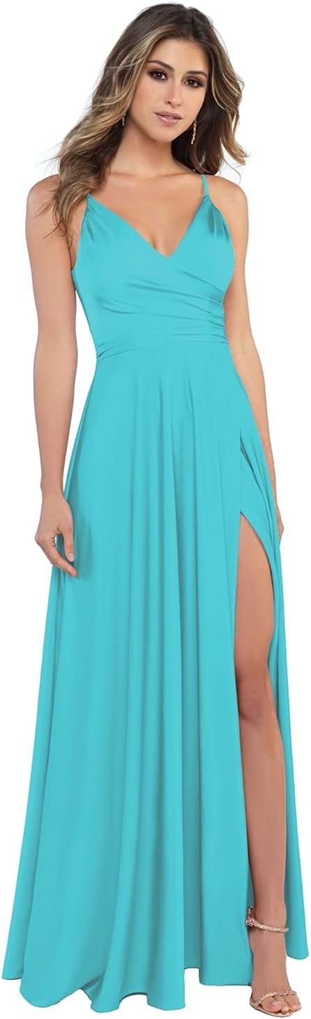 Damen-Brautjungfernkleider aus Satin mit V-Ausschnitt und Schlitz, Spaghettiträgern, formelle Ballkleider mit Taschen 