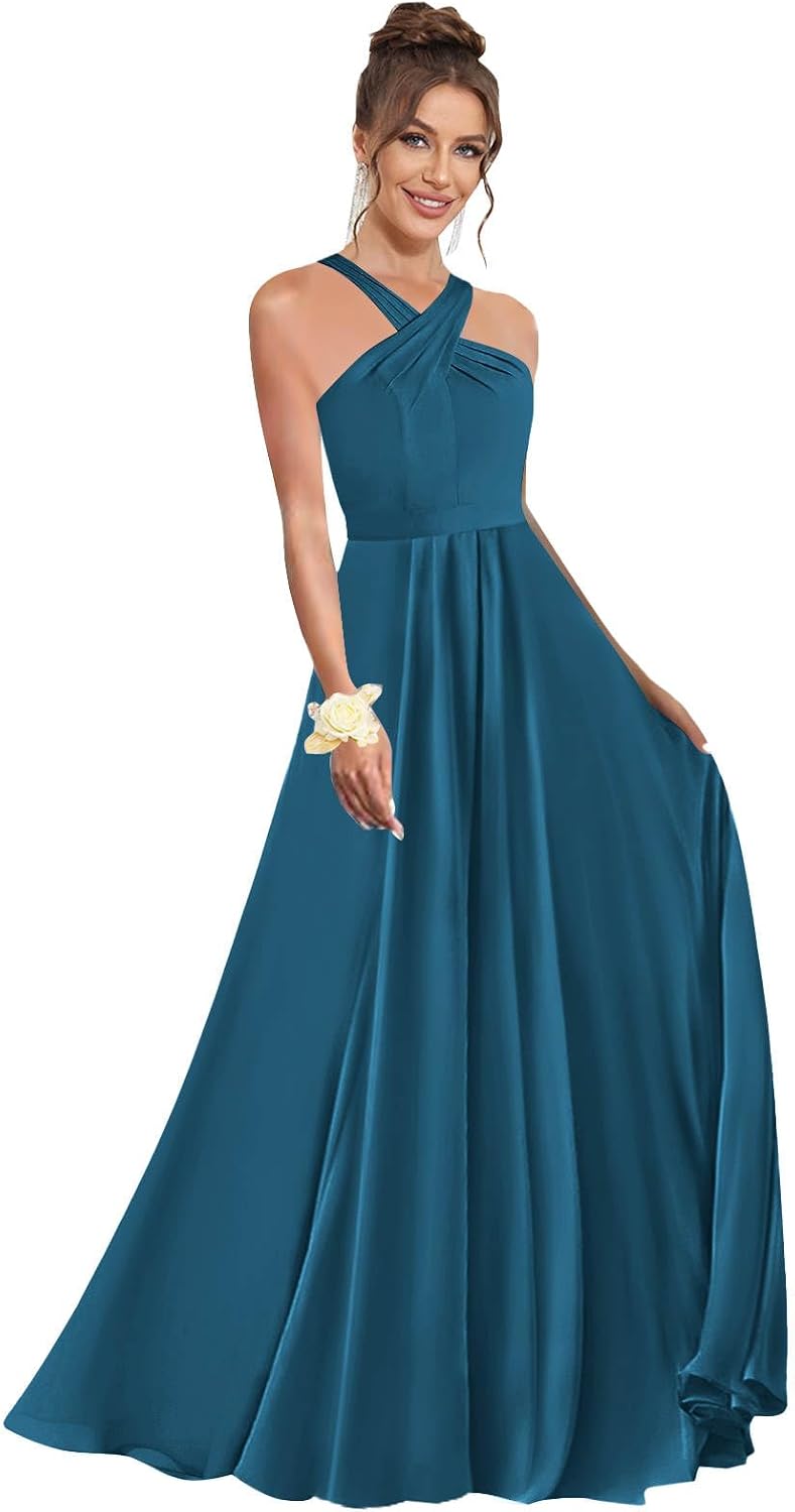 Halter Bridesmaid Dresses for Wedding Chiffon A Line Pleated Long Formal Prom Dress with Belt