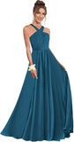 Halter Bridesmaid Dresses for Wedding Chiffon A Line Pleated Long Formal Prom Dress with Belt