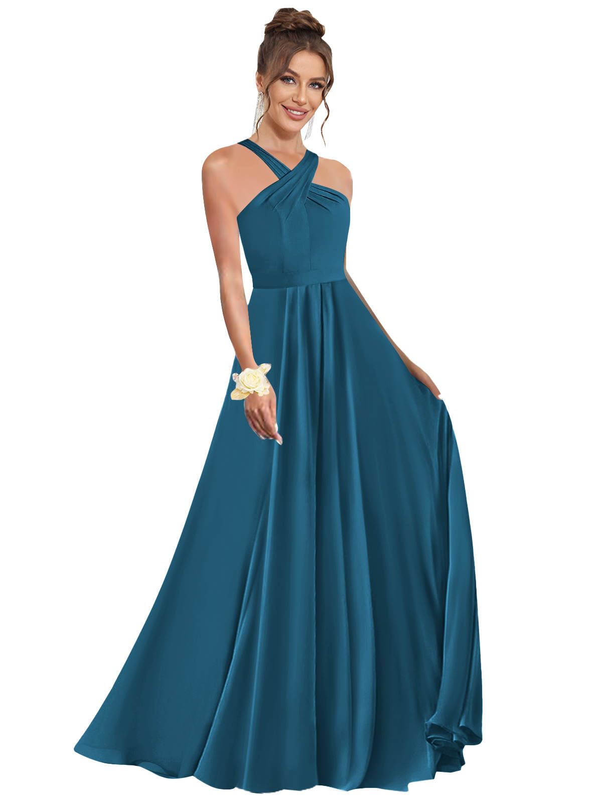 Halter Bridesmaid Dresses for Wedding Chiffon A Line Pleated Long Formal Prom Dress with Belt